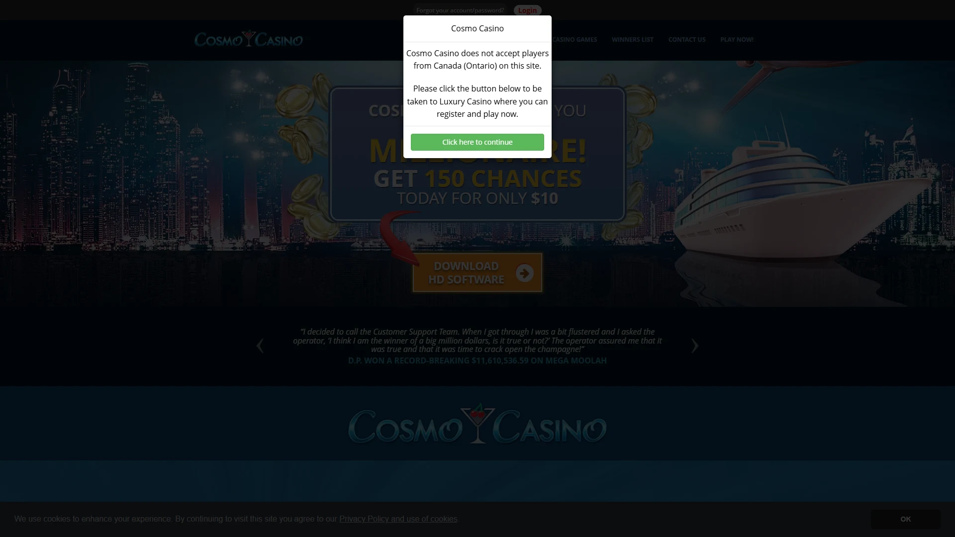 Cosmo Casino homepage